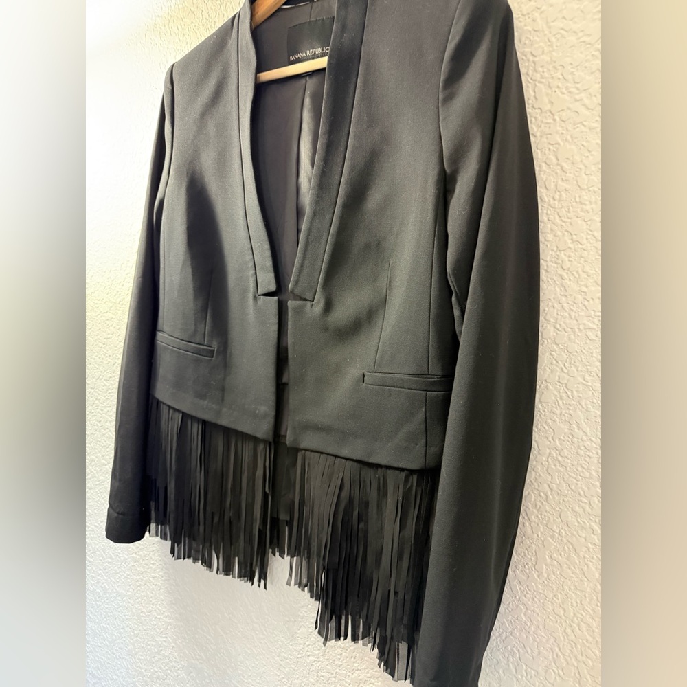 Banana Republic Fringed Black Cropped Open Front Wool Blend Blazer - Picture 11 of 13